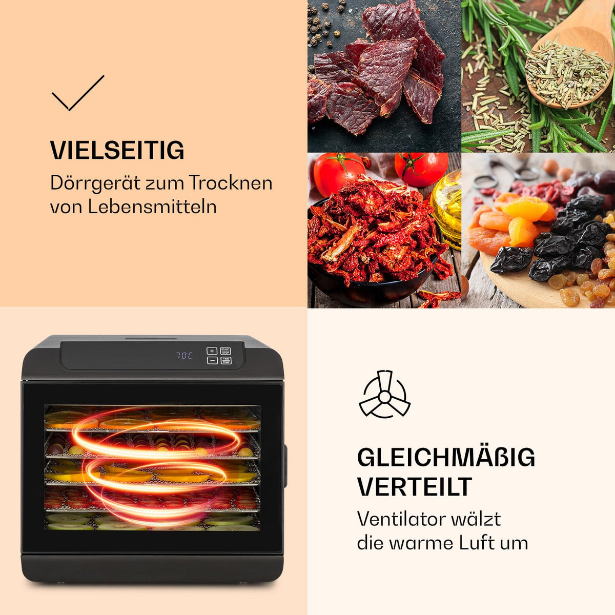 Klarstein Arizona Jerky Dörrautomat - Dörrgerät, Dehydrator, trocknet Obst, Fleisch und Früchte, 500 Watt, 35-70°C, 6 spülmaschinenfeste Einlagefächer, kurze Trockenzeit, Touch-Display, schwarzw