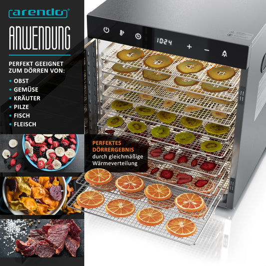 Arendo - Stainless steel dehydrator 8-fold - 500 watts with temperature control - dehydrator for food meat fruits fruit mushrooms - timer up to 24 hours - 8 compartments - GS - dehydratorw