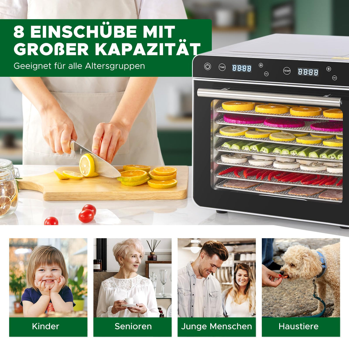 Kwasyo Dörrautomat Edelstahl Trockenkapazität 3,8 kg Rindfleisch, 0,67 m² Trockenfläche, 8 Edelstahl-Dörrtabletts (28x30 cm), 35-85°C Dörrgerät für Hundeleckerlis, Kräuter, Fleisch, Obst, Joghurtw