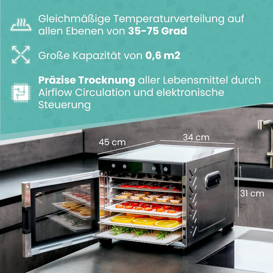 A-rival Dehydrator, Stainless Steel Dehydrator, Touch Control, Professional Dehydrator Stainless Steel, 24 Hour Timer, 6 Drying Trays + 3 Drying Mats, BPA-Free, 35 °C to 75 °C, Quiet Operation, 360°w