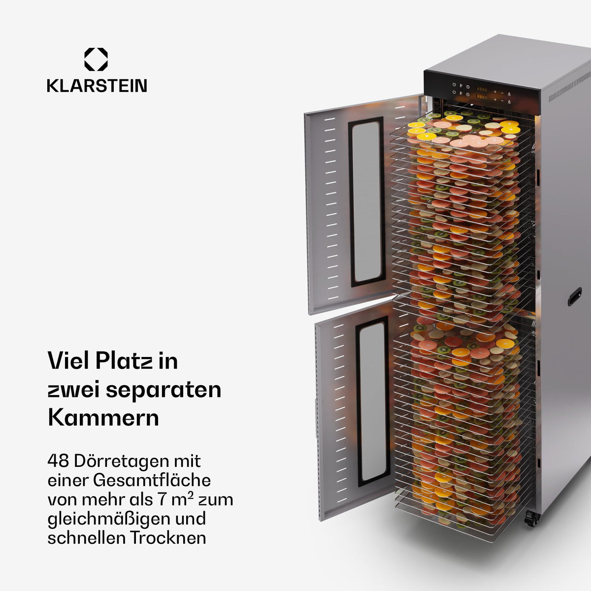 Klarstein Dörrautomat Edelstahl – 4.000-W-Dörrgerät, 48 Edelstahl-Einlegeböden, 30–90 °C, 24-Stunden-Timer, 6 Ventilatoren, 2 Trockenkammern, 50–55 dB, ideal für Obst, Gemüse, Fleisch, Kräuter, Silberw