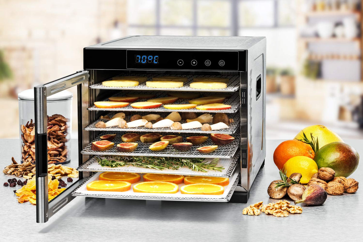 ROMMELSBACHER Dörrautomat DA 1000, XXL-Dörrfläche 1,6 m², inkl. 10 Edelstahl-Dörrtabletts, 2 Dörrgitter, 2 Dörrmatten, LED-Display, 24 Std. Zeitschaltuhr, Temperatur einstellbar (35 °C – 75 °C)w