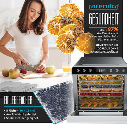Arendo - Dörrautomat Edelstahl mit 8 Edelstahlgitter - 700 W - 35°-85°C - 8 Edelstahl Einlegetabletts mit insgesamt 6700 cm² - Dörrgerät Dehydrator Obsttrockner Dörrapparat - Obst Fleisch Pilze uvmw