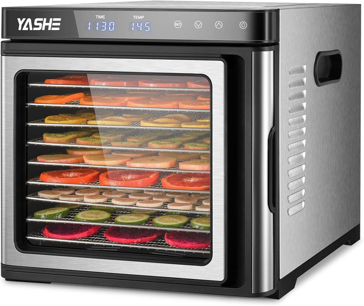 Edelstahl Dörrautomat, 1000W Dörrgerät für Obst und Gemüse mit LED-Anzeige, präziser Temperaturregelung (35-75°C), 48-Stunden-Timer, 9 Edelstahlschalen, 2 Maschensiebe, 1 Schale für Obstrollenw