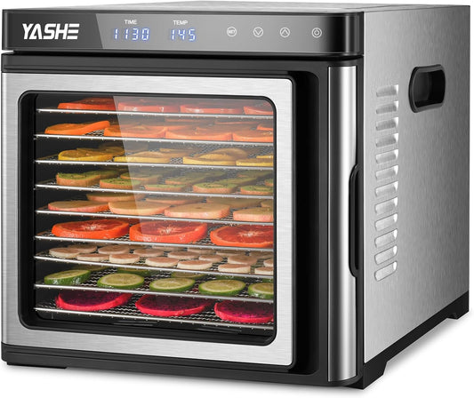 Edelstahl Dörrautomat, 1000W Dörrgerät für Obst und Gemüse mit LED-Anzeige, präziser Temperaturregelung (35-75°C), 48-Stunden-Timer, 9 Edelstahlschalen, 2 Maschensiebe, 1 Schale für Obstrollenw