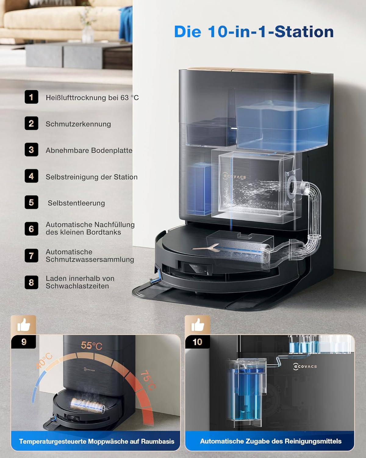 ECOVACS X9 PRO Omni, 16.600Pa, OZMO Roller, ZeroTangle 3.0, Heißwasser-Wischung, TruEdge 2.0, YIKO-GPTf