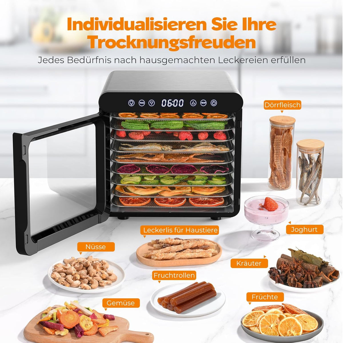 YASHE Stainless Steel Dehydrator with Digital Control (Temperature up to 75°C, Timer up to 48 Hours), 9 Trays Dehydrator for Fruit and Vegetables, Rear Fan for 360° Air Circulation, 800 Ww