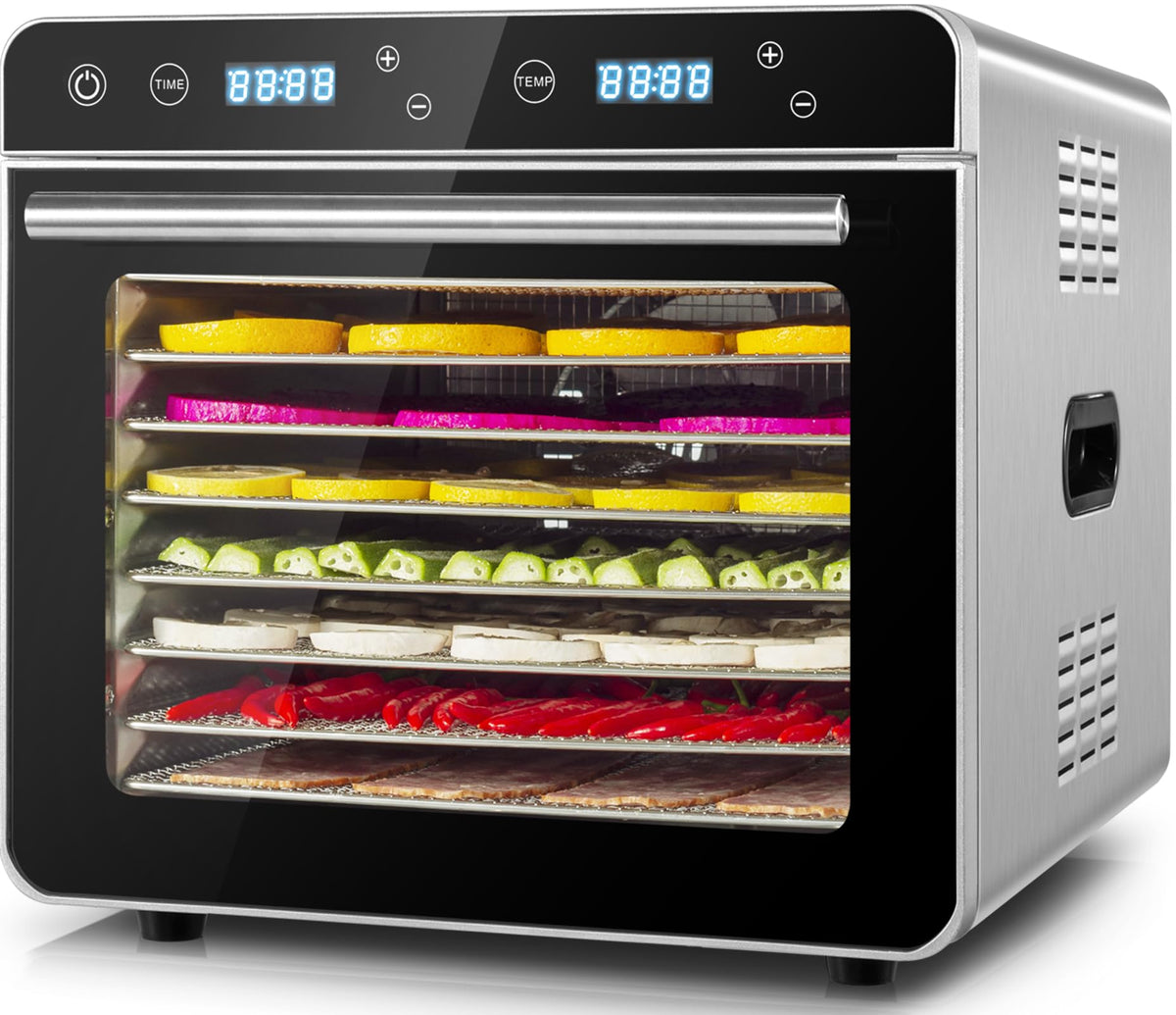 Kwasyo Dörrautomat Edelstahl Trockenkapazität 3,8 kg Rindfleisch, 0,67 m² Trockenfläche, 8 Edelstahl-Dörrtabletts (28x30 cm), 35-85°C Dörrgerät für Hundeleckerlis, Kräuter, Fleisch, Obst, Joghurtw