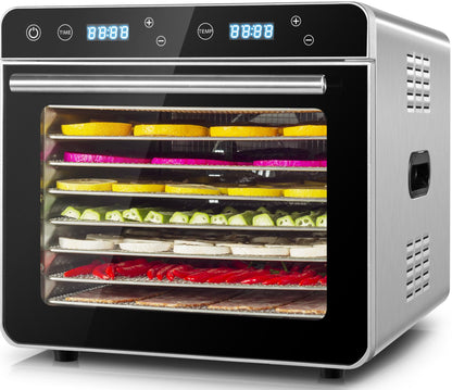 Kwasyo Dörrautomat Edelstahl Trockenkapazität 3,8 kg Rindfleisch, 0,67 m² Trockenfläche, 8 Edelstahl-Dörrtabletts (28x30 cm), 35-85°C Dörrgerät für Hundeleckerlis, Kräuter, Fleisch, Obst, Joghurtw
