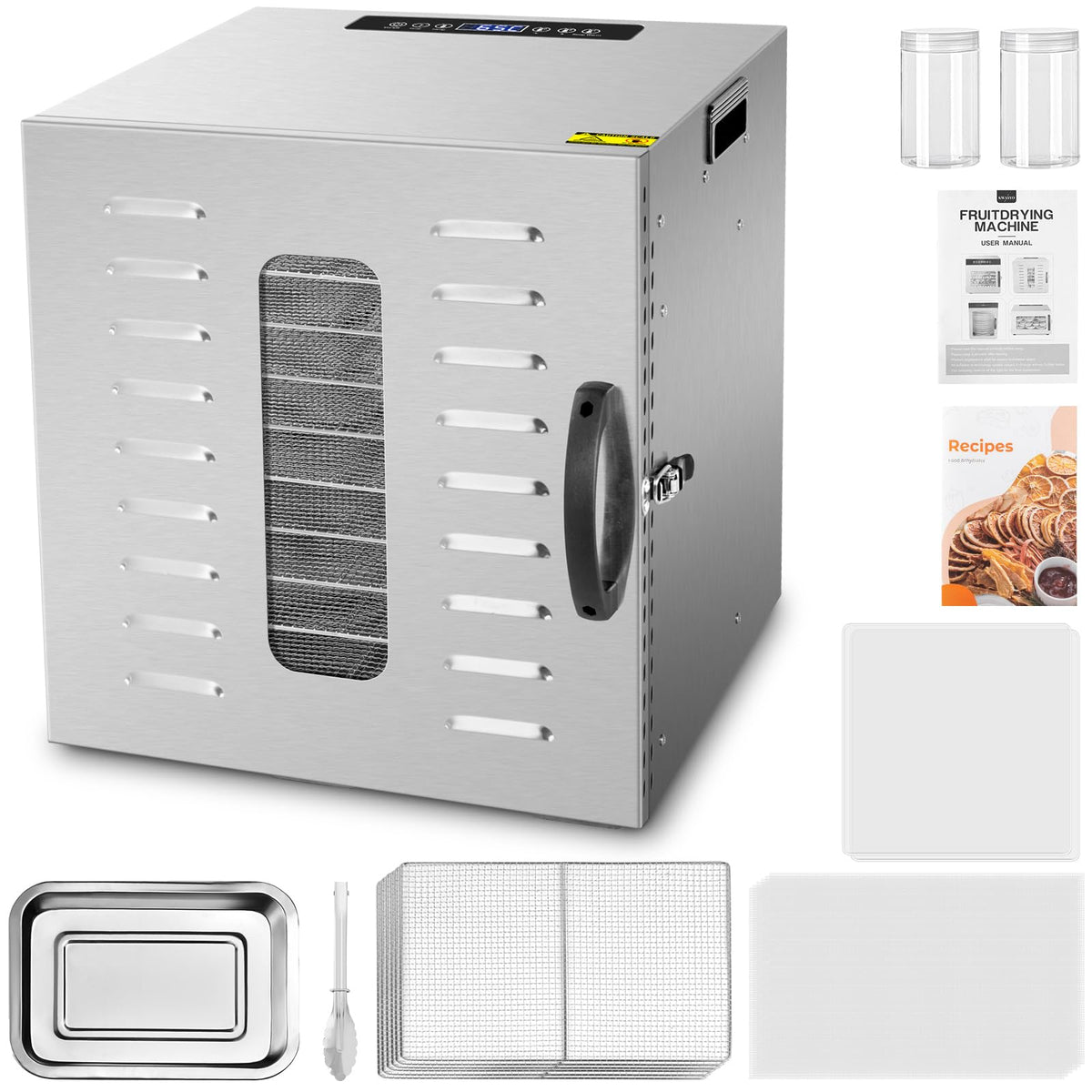Kwasyo Dörrautomat Edelstahl DA 1000, XXL-Dörrfläche 1,8 m², Dörrgerät Temperatur einstellbar 30-90℃, LED-Display, 24 Std, BPA-frei, mit Rezeptheft, 10 Edelstahl-Dörrtablettsw