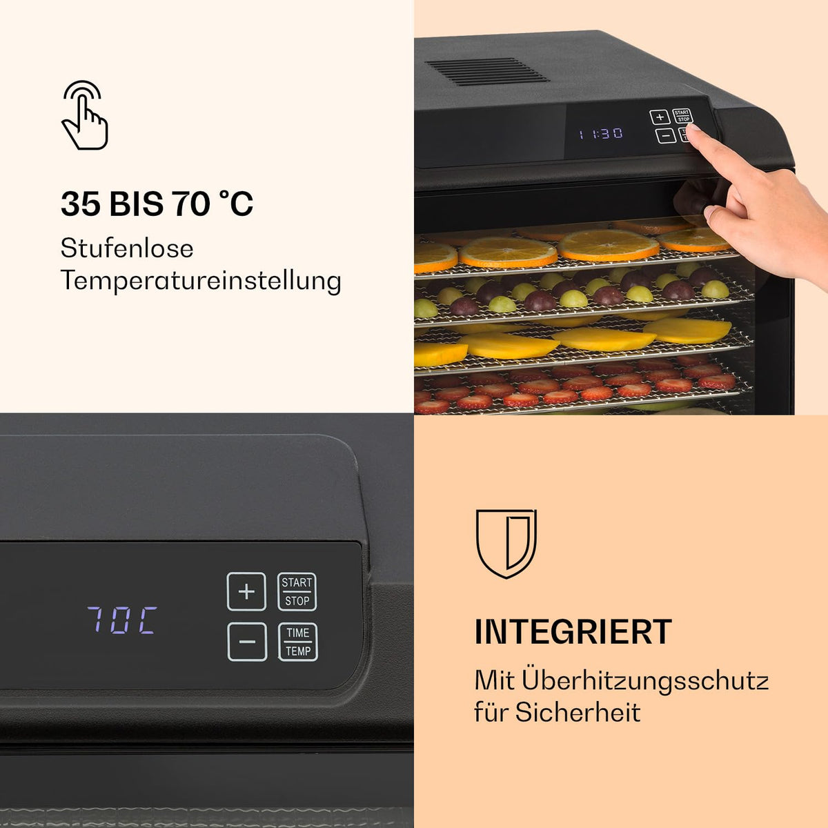 Klarstein Arizona Jerky Dörrautomat - Dörrgerät, Dehydrator, trocknet Obst, Fleisch und Früchte, 500 Watt, 35-70°C, 6 spülmaschinenfeste Einlagefächer, kurze Trockenzeit, Touch-Display, schwarzw