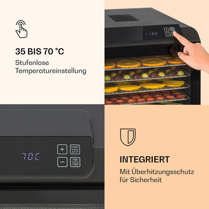Klarstein Arizona Jerky Dörrautomat - Dörrgerät, Dehydrator, trocknet Obst, Fleisch und Früchte, 500 Watt, 35-70°C, 6 spülmaschinenfeste Einlagefächer, kurze Trockenzeit, Touch-Display, schwarzw