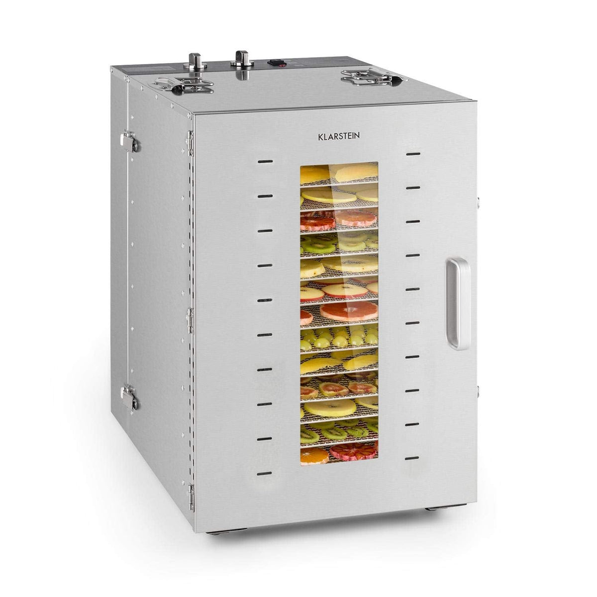 Klarstein Dörrautomat Edelstahl – 4.000-W-Dörrgerät, 48 Edelstahl-Einlegeböden, 30–90 °C, 24-Stunden-Timer, 6 Ventilatoren, 2 Trockenkammern, 50–55 dB, ideal für Obst, Gemüse, Fleisch, Kräuter, Silberw