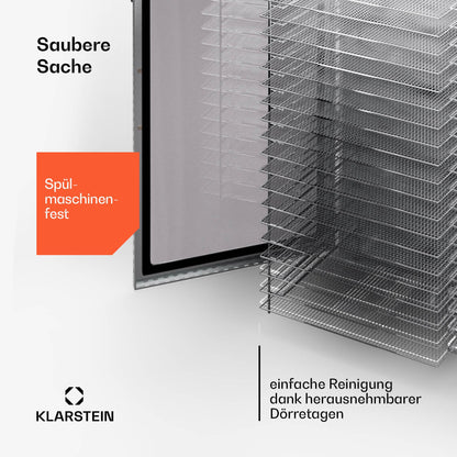 Klarstein Dörrgerät, Dörrautomat für Gemüse, Obst, Pilze & Fleisch, 1500W Edelstahl-Dörrautomat, Trockenautomat mit 16 Metallgitter, Dörrgerät mit 24H Timer & Touch-Display, Food Dehydratorw