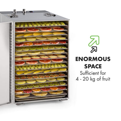 Klarstein Dörrautomat Edelstahl – 4.000-W-Dörrgerät, 48 Edelstahl-Einlegeböden, 30–90 °C, 24-Stunden-Timer, 6 Ventilatoren, 2 Trockenkammern, 50–55 dB, ideal für Obst, Gemüse, Fleisch, Kräuter, Silberw