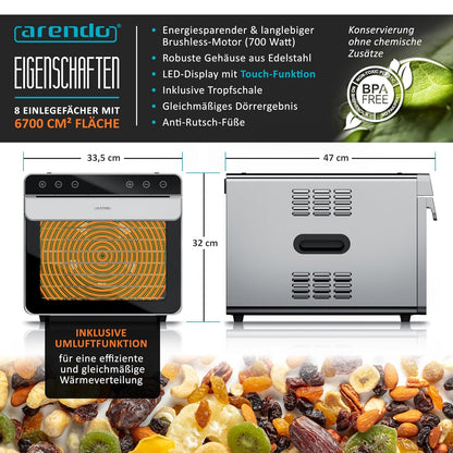Arendo - Dörrautomat Edelstahl mit 8 Edelstahlgitter - 700 W - 35°-85°C - 8 Edelstahl Einlegetabletts mit insgesamt 6700 cm² - Dörrgerät Dehydrator Obsttrockner Dörrapparat - Obst Fleisch Pilze uvmw