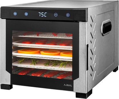 A-rival Dehydrator, Stainless Steel Dehydrator, Touch Control, Professional Dehydrator Stainless Steel, 24 Hour Timer, 6 Drying Trays + 3 Drying Mats, BPA-Free, 35 °C to 75 °C, Quiet Operation, 360°w