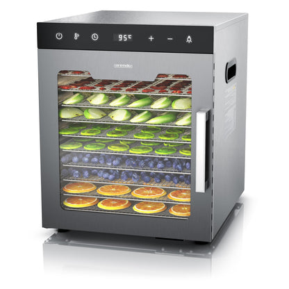 Arendo - Stainless steel dehydrator 8-fold - 500 watts with temperature control - dehydrator for food meat fruits fruit mushrooms - timer up to 24 hours - 8 compartments - GS - dehydratorw