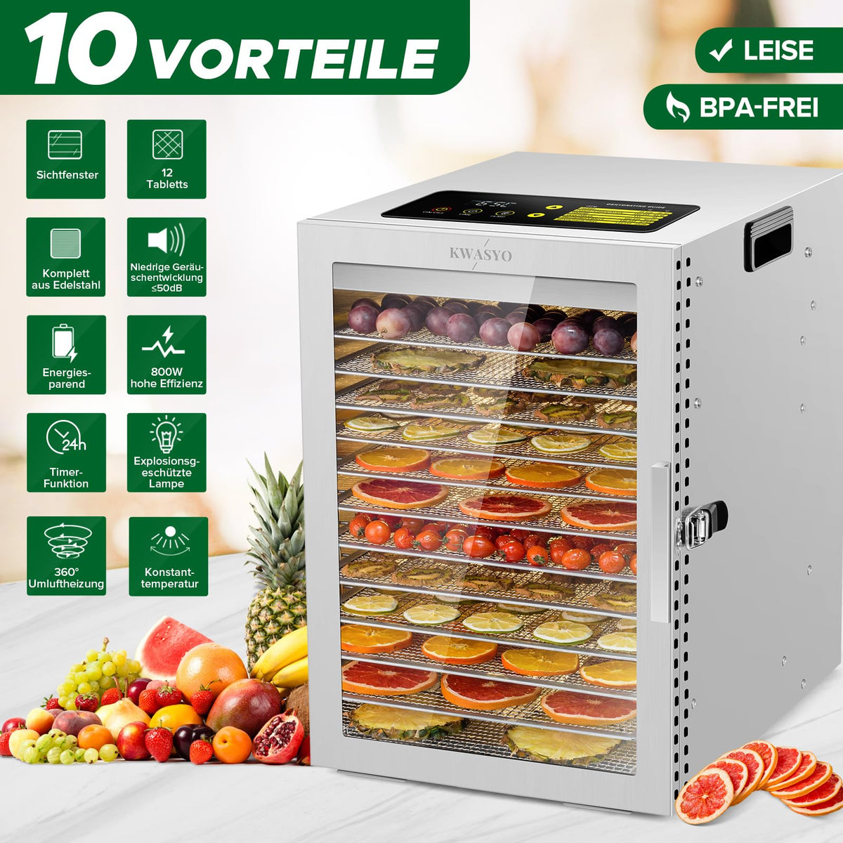Kwasyo Dehydrator Stainless Steel, Double Fan 360° Efficient Dry, Dehydrator 12 Levels, 20-90°C Temperature Control, 24 Hour Timer, Overheating Protection, Recipe Book for Meat, Fruit, Vegetables,w