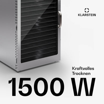 Klarstein Dörrgerät, Dörrautomat für Gemüse, Obst, Pilze & Fleisch, 1500W Edelstahl-Dörrautomat, Trockenautomat mit 16 Metallgitter, Dörrgerät mit 24H Timer & Touch-Display, Food Dehydratorw