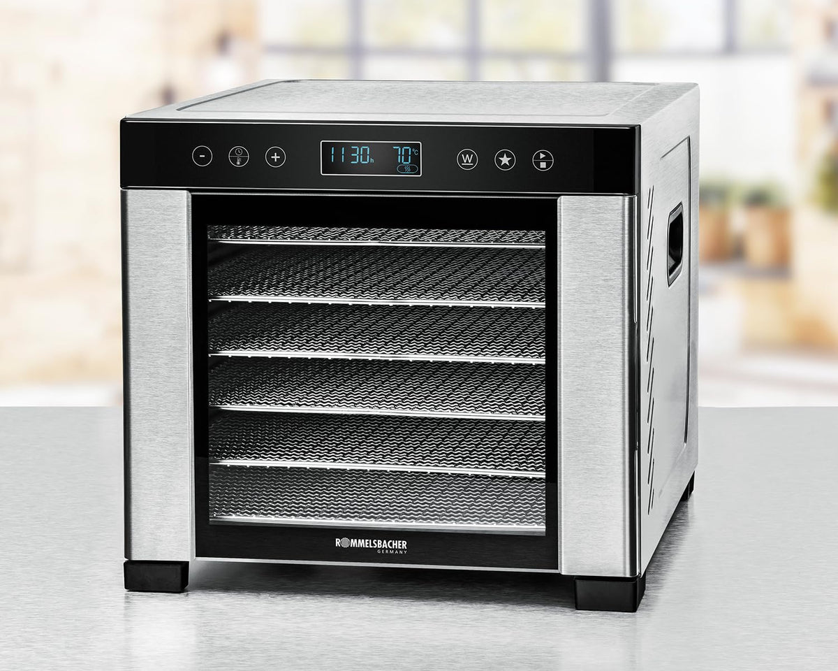 ROMMELSBACHER Dörrautomat DA 1000, XXL-Dörrfläche 1,6 m², inkl. 10 Edelstahl-Dörrtabletts, 2 Dörrgitter, 2 Dörrmatten, LED-Display, 24 Std. Zeitschaltuhr, Temperatur einstellbar (35 °C – 75 °C)w