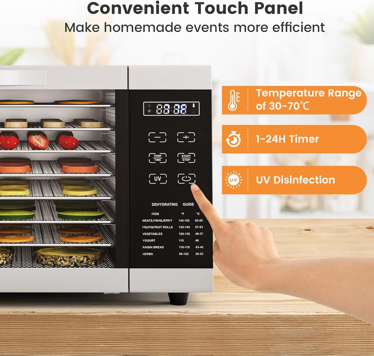 RELAX4LIFE Dörrautomat Edelstahl, Dörrgerät Temperatur einstellbar 30-70℃, Food Dehydrator inkl. 8 Edelstahl-Dörrtabletts, Touch-Display, 24 Std, für Lebensmittel Fleisch Früchte Gemüsew