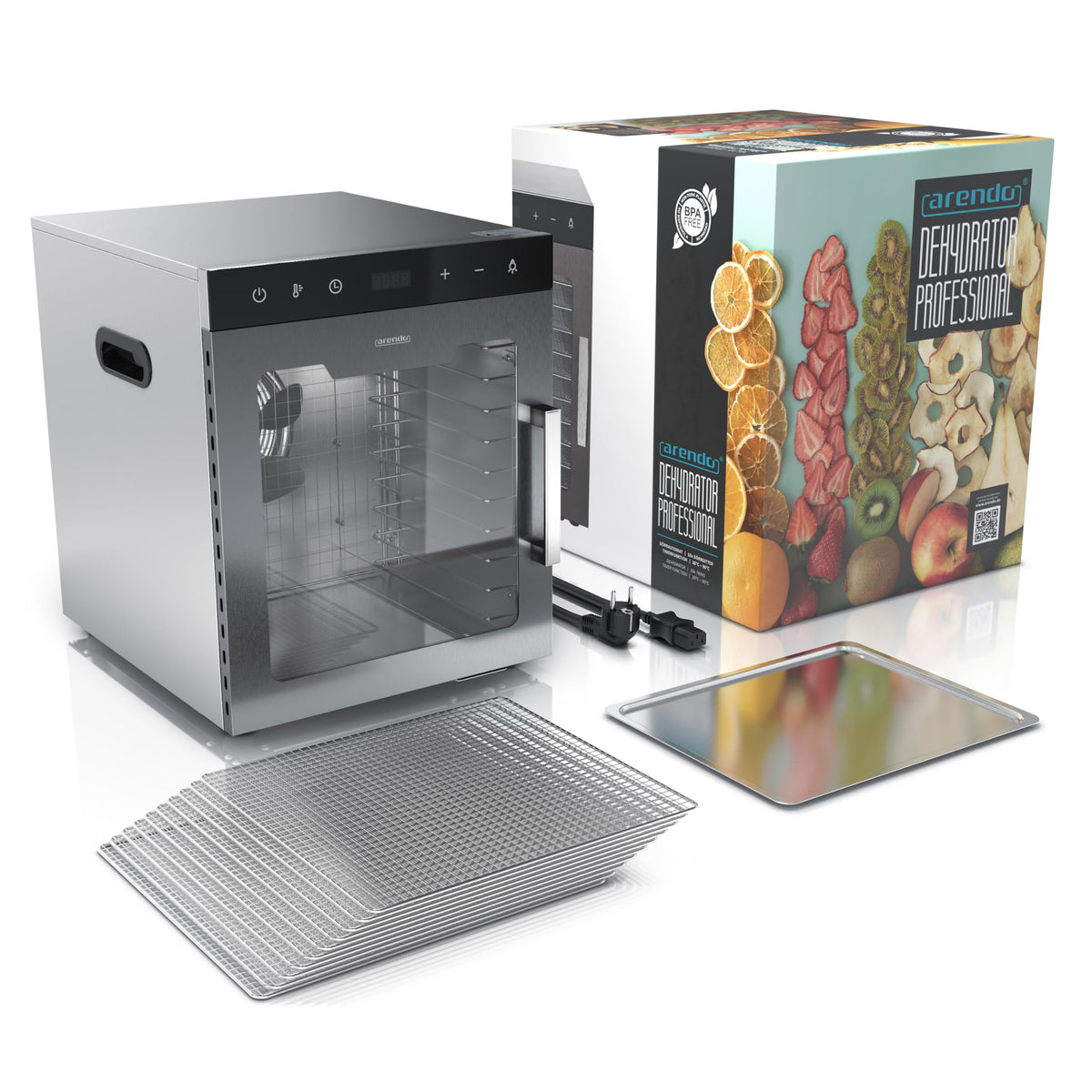 Arendo - Stainless steel dehydrator 8-fold - 500 watts with temperature control - dehydrator for food meat fruits fruit mushrooms - timer up to 24 hours - 8 compartments - GS - dehydratorw