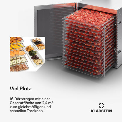 Klarstein Dörrgerät, Dörrautomat für Gemüse, Obst, Pilze & Fleisch, 1500W Edelstahl-Dörrautomat, Trockenautomat mit 16 Metallgitter, Dörrgerät mit 24H Timer & Touch-Display, Food Dehydratorw