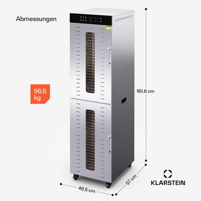 Klarstein Dörrautomat Edelstahl – 4.000-W-Dörrgerät, 48 Edelstahl-Einlegeböden, 30–90 °C, 24-Stunden-Timer, 6 Ventilatoren, 2 Trockenkammern, 50–55 dB, ideal für Obst, Gemüse, Fleisch, Kräuter, Silberw
