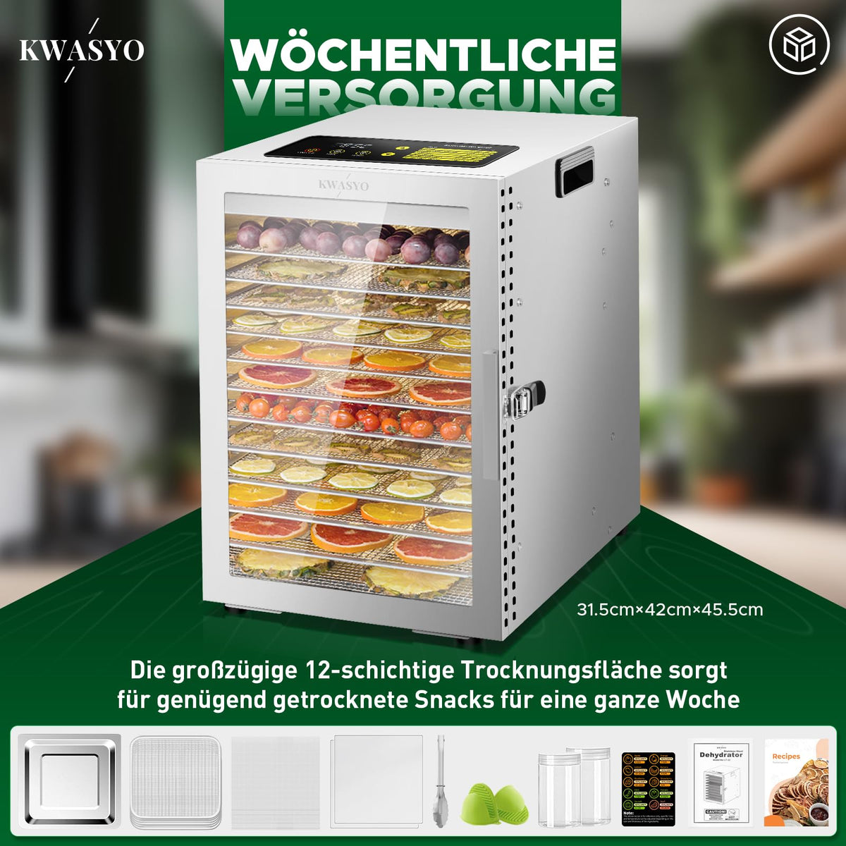 Kwasyo Dehydrator Stainless Steel, Double Fan 360° Efficient Dry, Dehydrator 12 Levels, 20-90°C Temperature Control, 24 Hour Timer, Overheating Protection, Recipe Book for Meat, Fruit, Vegetables,w