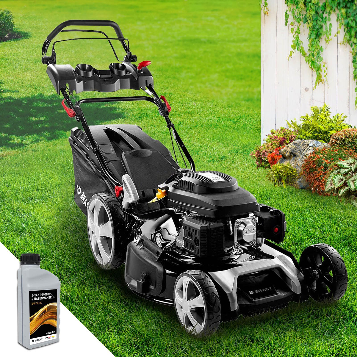 BRAST® Benzin Rasenmäher mit Antrieb | 5,2kW (7PS) | 55cm Schnittbreite | viele Modelle | TÜV | 30-80mm Schnitthöhe | 60L Fangkorb | 4 Takt OHV Motor | Stahlgehäuse | Speedf