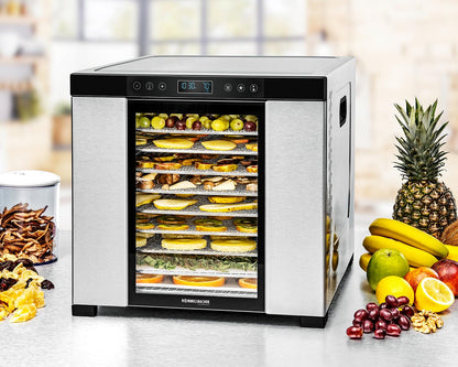 ROMMELSBACHER Dörrautomat DA 1000, XXL-Dörrfläche 1,6 m², inkl. 10 Edelstahl-Dörrtabletts, 2 Dörrgitter, 2 Dörrmatten, LED-Display, 24 Std. Zeitschaltuhr, Temperatur einstellbar (35 °C – 75 °C)w