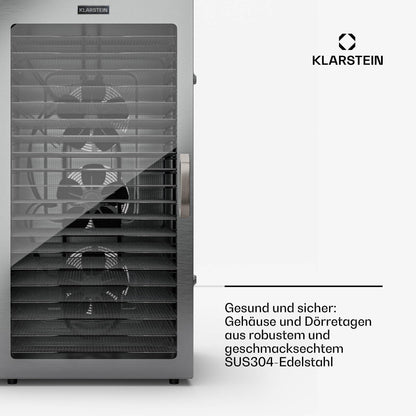 Klarstein Dörrgerät, Dörrautomat für Gemüse, Obst, Pilze & Fleisch, 1500W Edelstahl-Dörrautomat, Trockenautomat mit 16 Metallgitter, Dörrgerät mit 24H Timer & Touch-Display, Food Dehydratorw