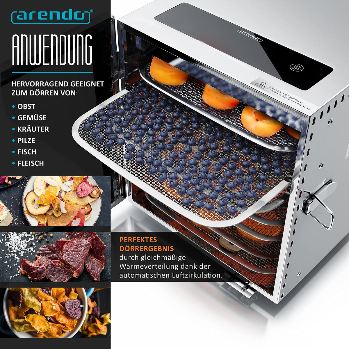 Arendo - Stainless steel dehydrator 8-fold - 500 watts with temperature control - dehydrator for food meat fruits fruit mushrooms - timer up to 24 hours - 8 compartments - GS - dehydratorw