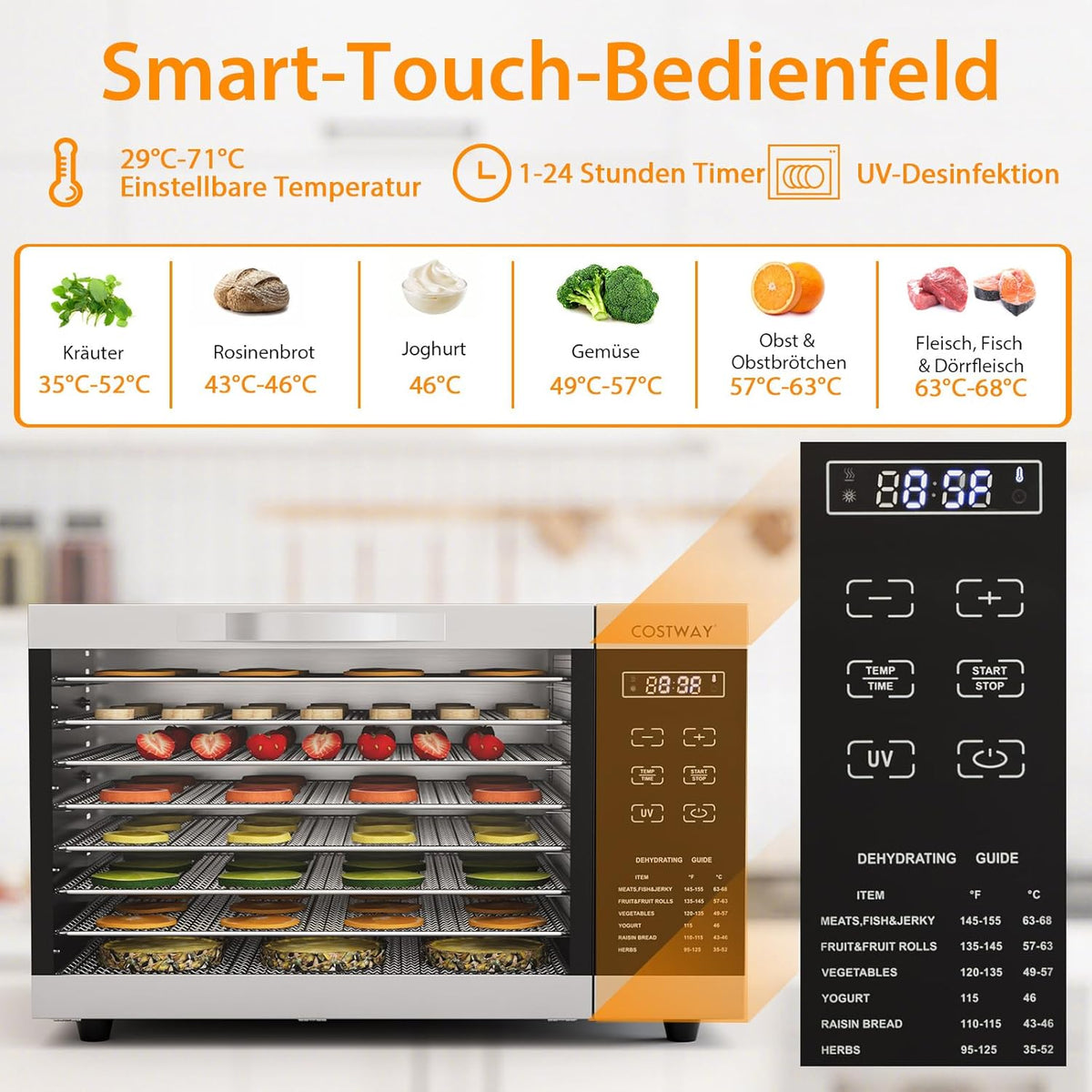 COSTWAY Dehydrator with 8 Grid Trays, 620W Dehydrator 30-70°C Temperature Control & 24H Timer, Overheating & Overload Protection, Food Dryer for Fruit, Meat, Vegetablesw