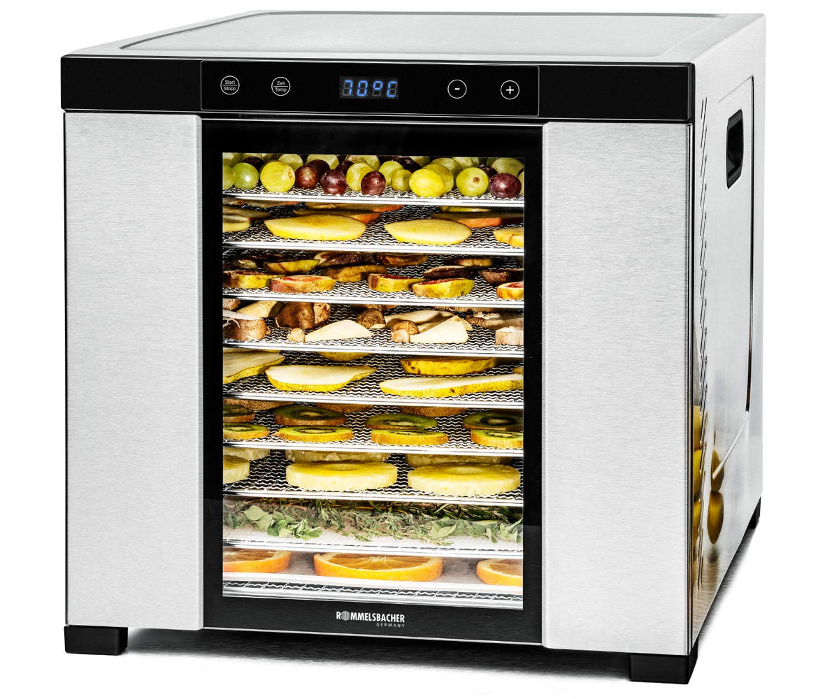 ROMMELSBACHER Dörrautomat DA 1000, XXL-Dörrfläche 1,6 m², inkl. 10 Edelstahl-Dörrtabletts, 2 Dörrgitter, 2 Dörrmatten, LED-Display, 24 Std. Zeitschaltuhr, Temperatur einstellbar (35 °C – 75 °C)w