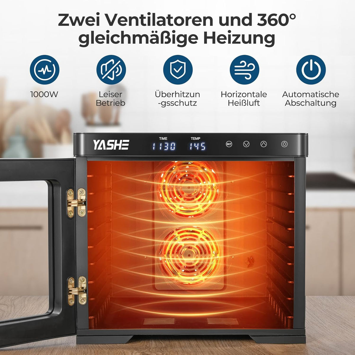 Edelstahl Dörrautomat, 1000W Dörrgerät für Obst und Gemüse mit LED-Anzeige, präziser Temperaturregelung (35-75°C), 48-Stunden-Timer, 9 Edelstahlschalen, 2 Maschensiebe, 1 Schale für Obstrollenw