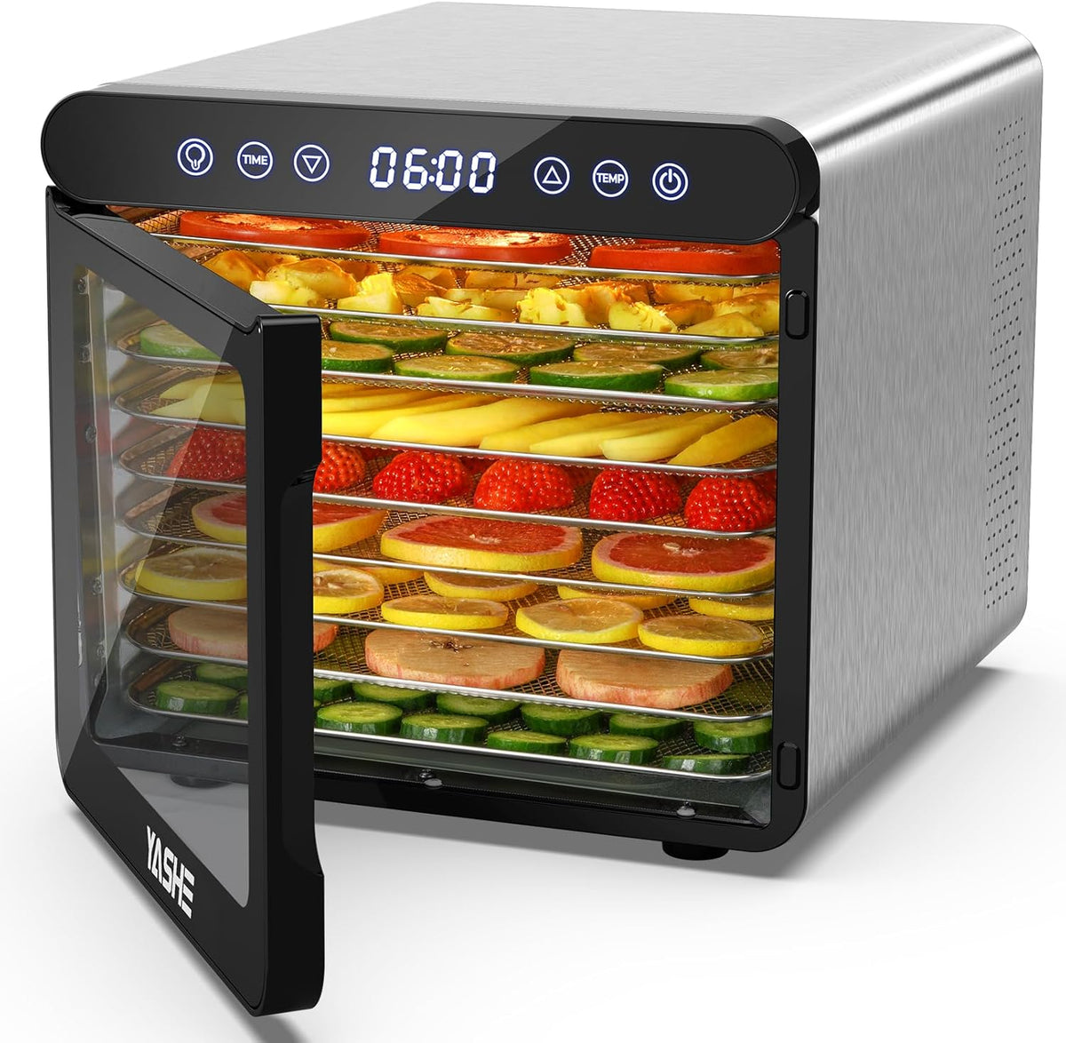 YASHE Stainless Steel Dehydrator with Digital Control (Temperature up to 75°C, Timer up to 48 Hours), 9 Trays Dehydrator for Fruit and Vegetables, Rear Fan for 360° Air Circulation, 800 Ww