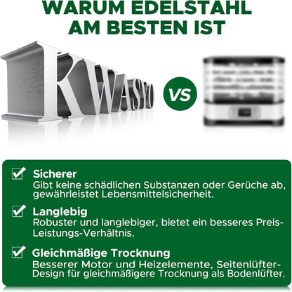 Kwasyo Dörrautomat Edelstahl, Dörrgerät 12 Etagen Ganz in Schwarz, 30-90℃ Temperaturregelung, 24 Stunden Timer, Rezeptheft für Fleisch Obst Gemüse Kräuter, 1000W, LT-09w