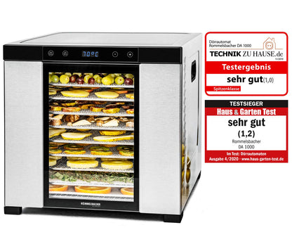 ROMMELSBACHER Dörrautomat DA 1000, XXL-Dörrfläche 1,6 m², inkl. 10 Edelstahl-Dörrtabletts, 2 Dörrgitter, 2 Dörrmatten, LED-Display, 24 Std. Zeitschaltuhr, Temperatur einstellbar (35 °C – 75 °C)w