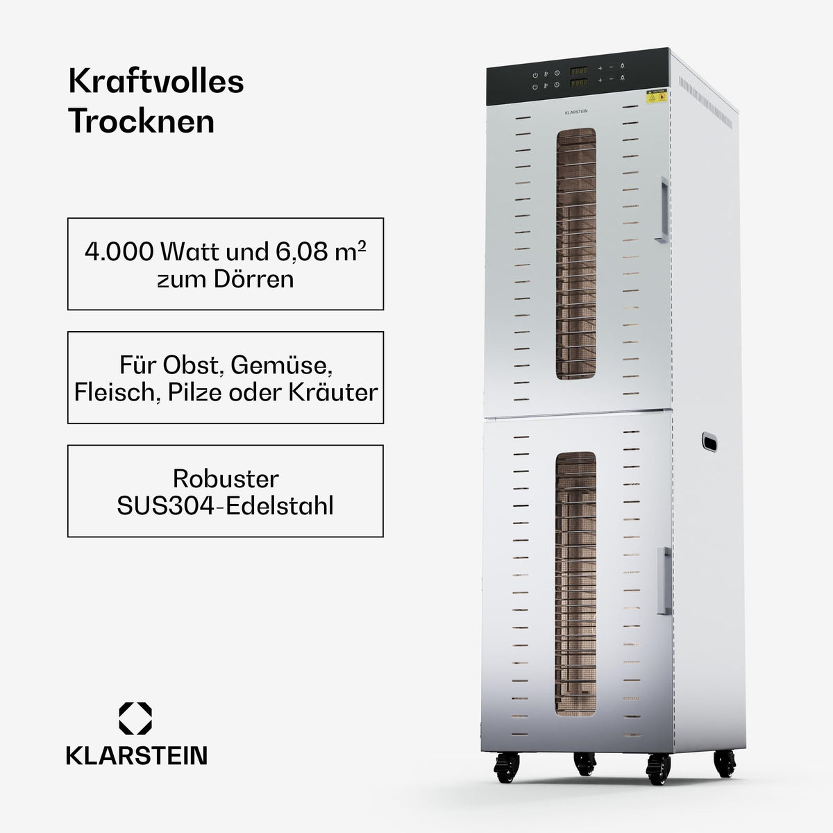 Klarstein Dörrautomat Edelstahl – 4.000-W-Dörrgerät, 48 Edelstahl-Einlegeböden, 30–90 °C, 24-Stunden-Timer, 6 Ventilatoren, 2 Trockenkammern, 50–55 dB, ideal für Obst, Gemüse, Fleisch, Kräuter, Silberw