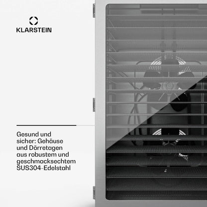 Klarstein Dörrgerät, Dörrautomat für Gemüse, Obst, Pilze & Fleisch, 1500W Edelstahl-Dörrautomat, Trockenautomat mit 16 Metallgitter, Dörrgerät mit 24H Timer & Touch-Display, Food Dehydratorw
