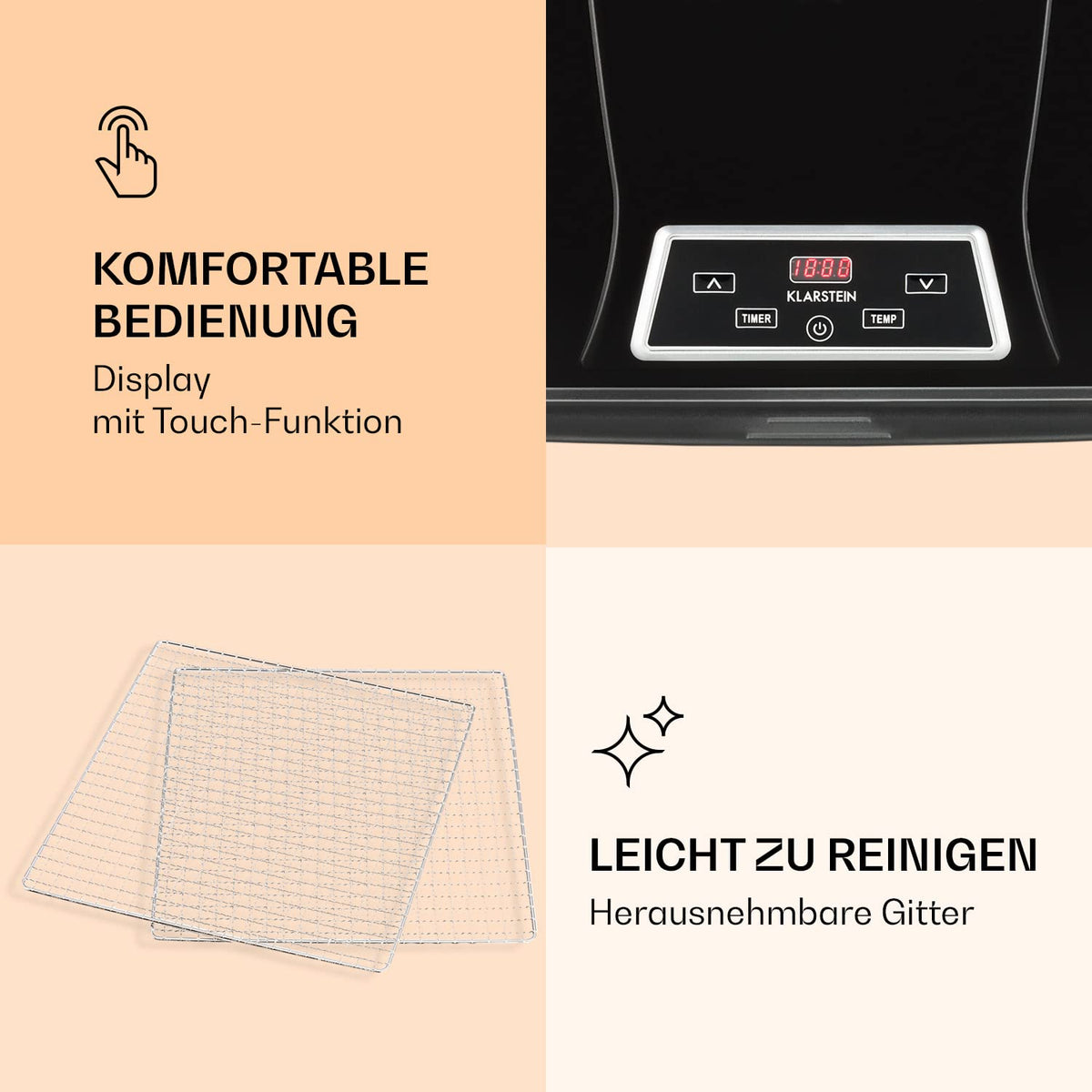 Klarstein Dörrautomat, Dörrgerät, Food Dehydrator, Dörrautomat aus Metall, Dehydrator Food Dryer, 9 Ablagen, 700 Watt, Touch-Display, Timer, Edelstahlheizelement, HotAir Circulation System, Schwarzw