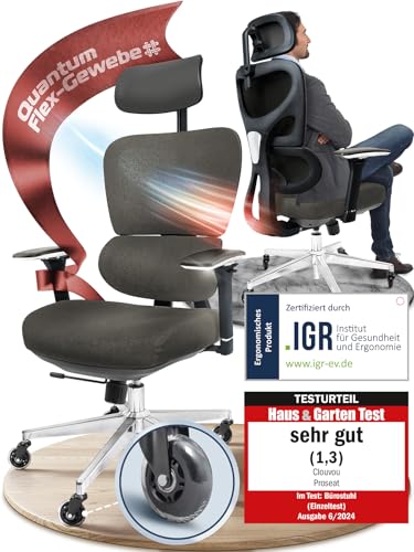 CLOUVOU PowerSeat Testsieger Ergonomischer Bürostuhl – Voll Anpassbar, Gaming, 200 kgd