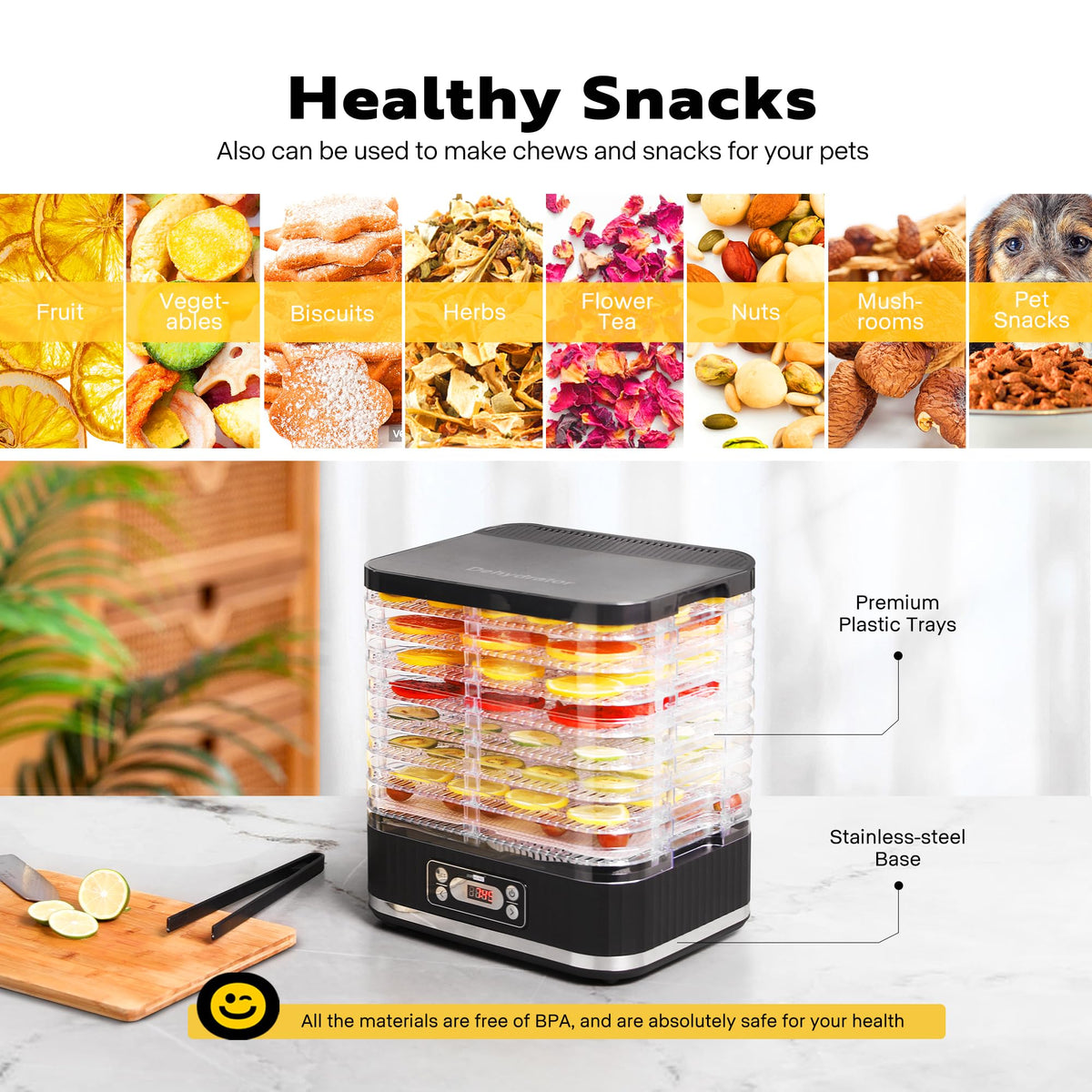 VIVOHOME Dörrautomat mit 8 Einlegefächern 400W BPA frei Dörrgerät mit Temperaturregler von 35°C bis 70°C inkl.72H Timer und Rezept für Fleisch,Obst,Haustier-Leckereienew