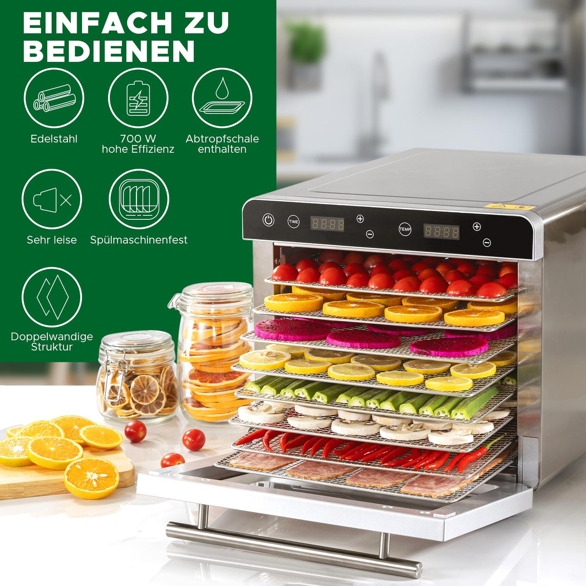 Kwasyo Dörrautomat Edelstahl Trockenkapazität 3,8 kg Rindfleisch, 0,67 m² Trockenfläche, 8 Edelstahl-Dörrtabletts (28x30 cm), 35-85°C Dörrgerät für Hundeleckerlis, Kräuter, Fleisch, Obst, Joghurtw