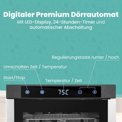 A-rival Dehydrator, Stainless Steel Dehydrator, Touch Control, Professional Dehydrator Stainless Steel, 24 Hour Timer, 6 Drying Trays + 3 Drying Mats, BPA-Free, 35 °C to 75 °C, Quiet Operation, 360°w