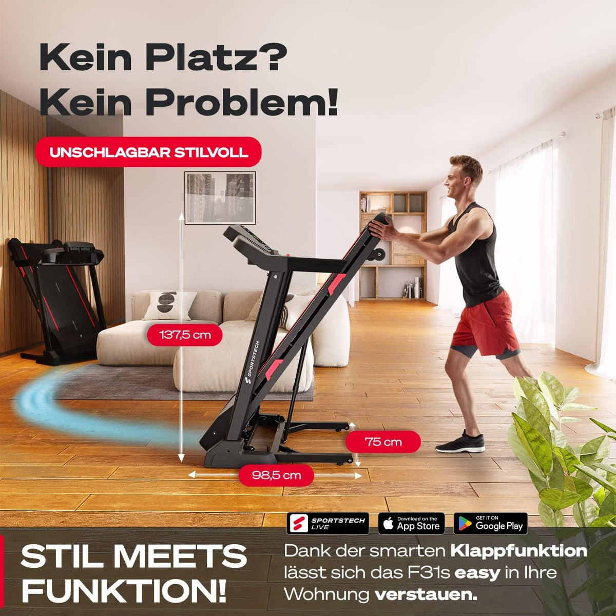 Sportstech F31s: Profi-Laufband, 4,5 PS, 16 km/h, Bluetooth & Appl
