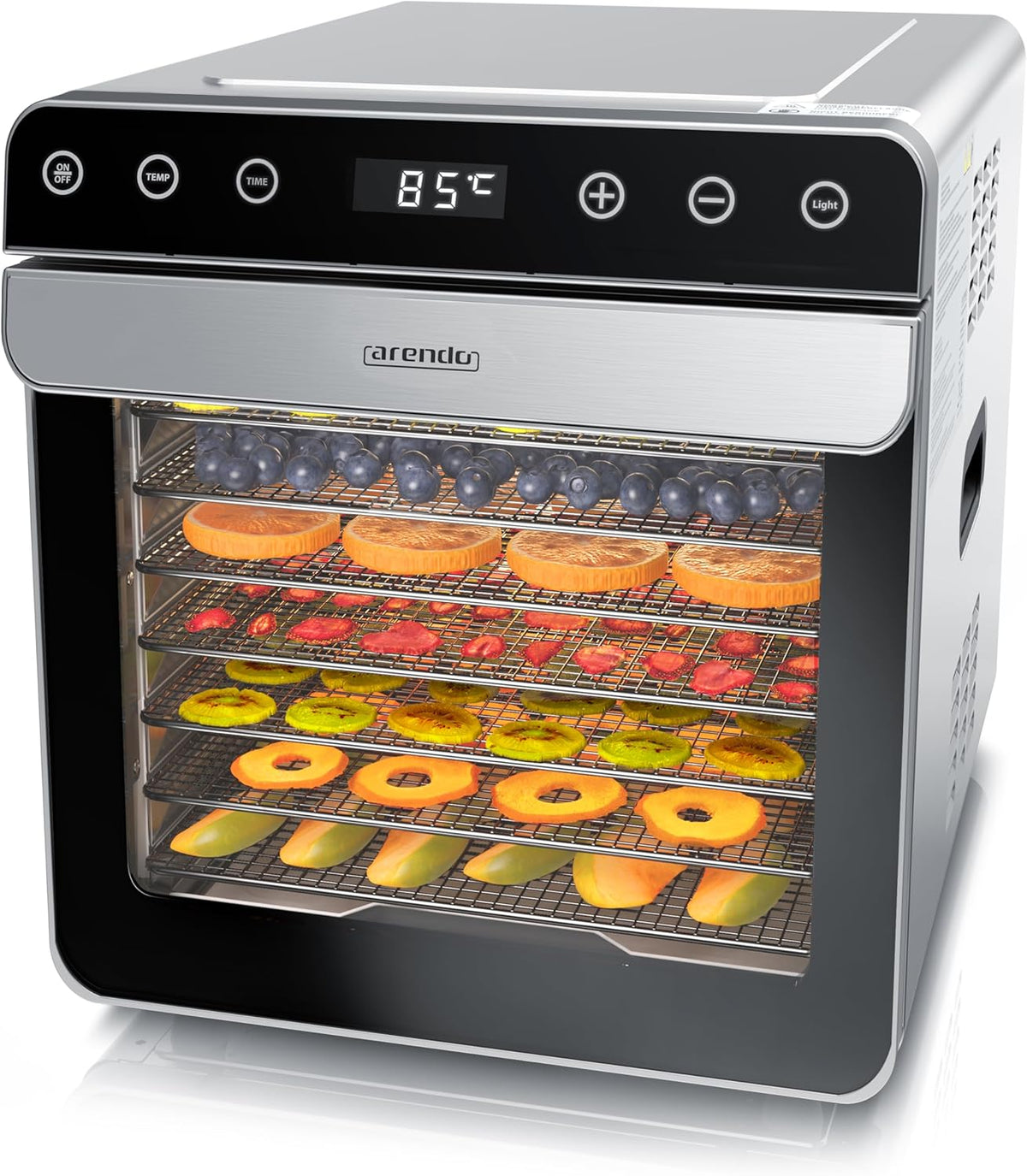 Arendo - Dörrautomat Edelstahl mit 8 Edelstahlgitter - 700 W - 35°-85°C - 8 Edelstahl Einlegetabletts mit insgesamt 6700 cm² - Dörrgerät Dehydrator Obsttrockner Dörrapparat - Obst Fleisch Pilze uvmw