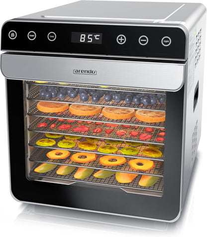 Arendo - Dörrautomat Edelstahl mit 8 Edelstahlgitter - 700 W - 35°-85°C - 8 Edelstahl Einlegetabletts mit insgesamt 6700 cm² - Dörrgerät Dehydrator Obsttrockner Dörrapparat - Obst Fleisch Pilze uvmw